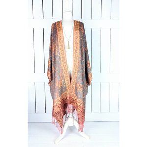 Grey/orange paisley silk pashmina fringe kimono cover up/one size